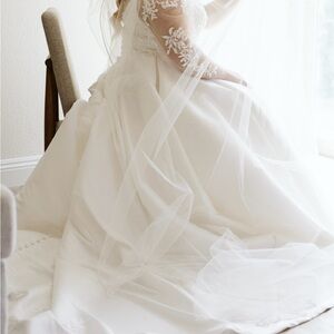 Satin White Bridal Gown with Lace Sleeves